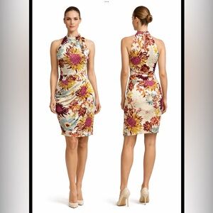 AVIRATÉ FLORAL HALTER NECK STRETCH DRESS WITH‎ SIDE DRAPE.COLORFUL SIZE 6